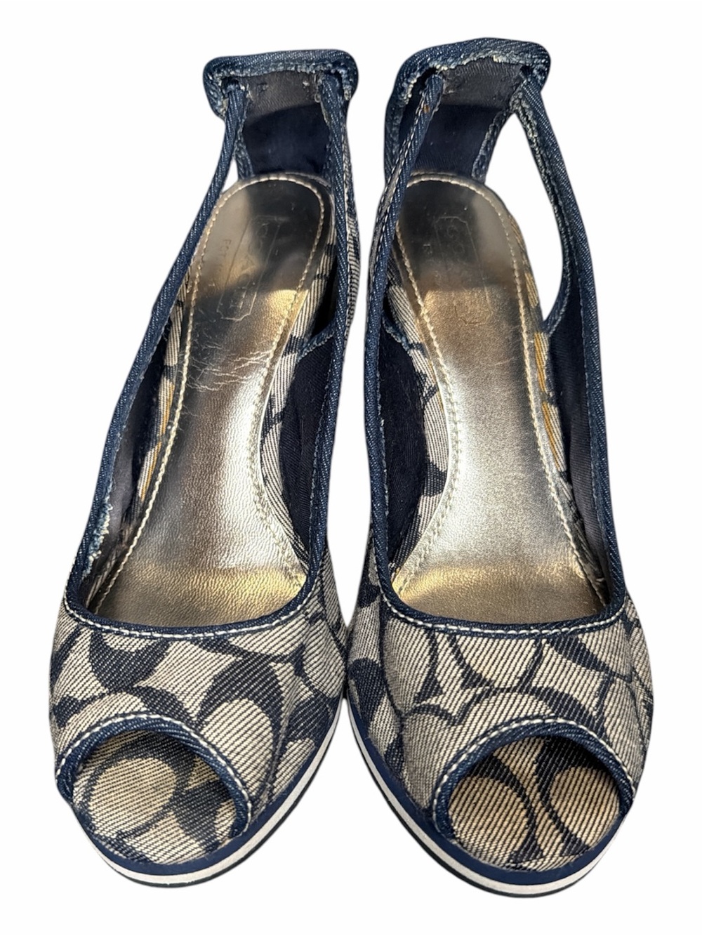Coach Tarrah Signature Denim Wedge Sandals Size 8.5M Blue Canvas Peep Toe Y2K - Picture 2 of 8